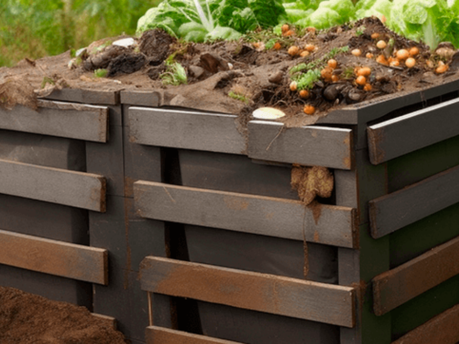 Sistema de compostagem com capacidade para grandes quantidades de alimentos e resíduos.