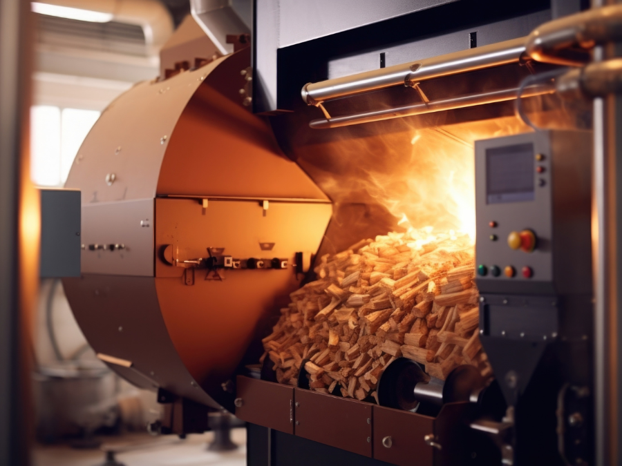 Uma imagem detalhada de uma caldeira de biomassa, capturando o mecanismo de alimentação que fornece biomassa residual à câmara de combustão.