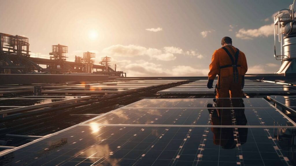 Homem, de costas, vestindo equipamentos de segurança inspeciona painéis solares em um telhado industrial, tendo como pano de fundo o pôr do sol, simbolizando as práticas de energia sustentável.