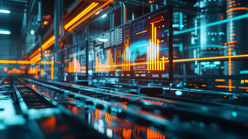 Exibição digital de métricas de consumo de energia em uma empresa.