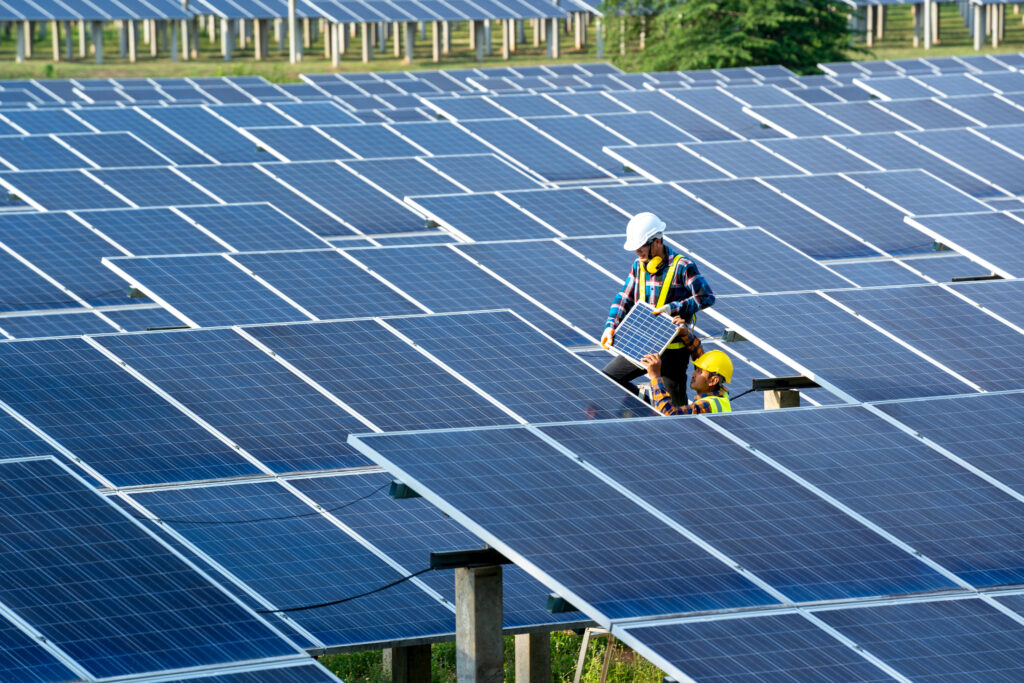 Painéis solares sendo instalados em uma usina.